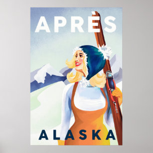 "Apres Ski Alaska" Cool Vintage Pinup Girl Skiing Poster