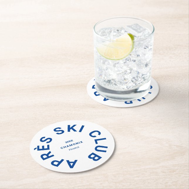 Après Ski Club Winter Blue Ski Resort Crest Round Paper Coaster (Insitu)
