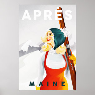 "Apres Ski Maine" Cool Vintage Pinup Girl Skiing Poster