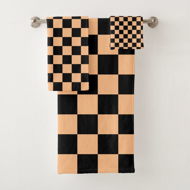 Apricot and Black Chequered Vintage Bath Towel Set (Insitu)