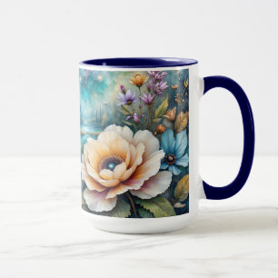 Apricot and Blue Cosmos river forest landscape Mug