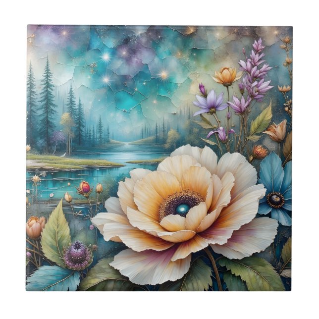 Apricot and Blue Cosmos river forest landscape Tile (Front)