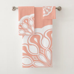 Apricot and White Abstract Modern Mandala Bath Towel Set