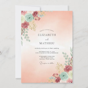 Apricot Aqua Ranunculus Eucalyptus Wedding Invitation