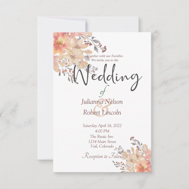 Apricot aquarelle faire-part de mariage florale (Devant)