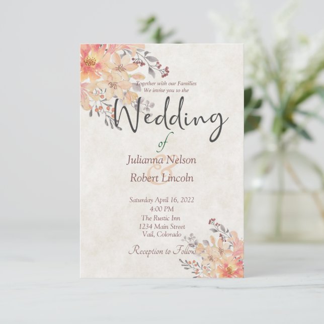 Apricot aquarelle faire-part de mariage florale (Debout devant)
