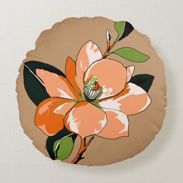 Apricot Azalea on Tan Round Pillow (Front)