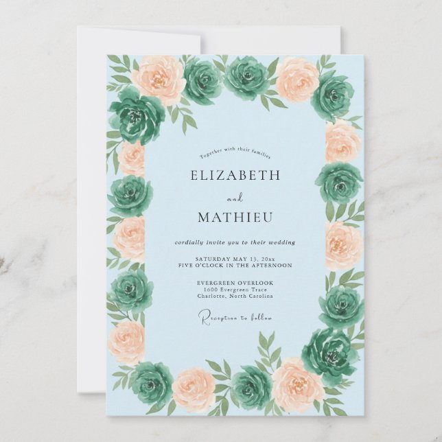 Apricot Azure Succulent Eucalyptus Wedding Invitation (Front)