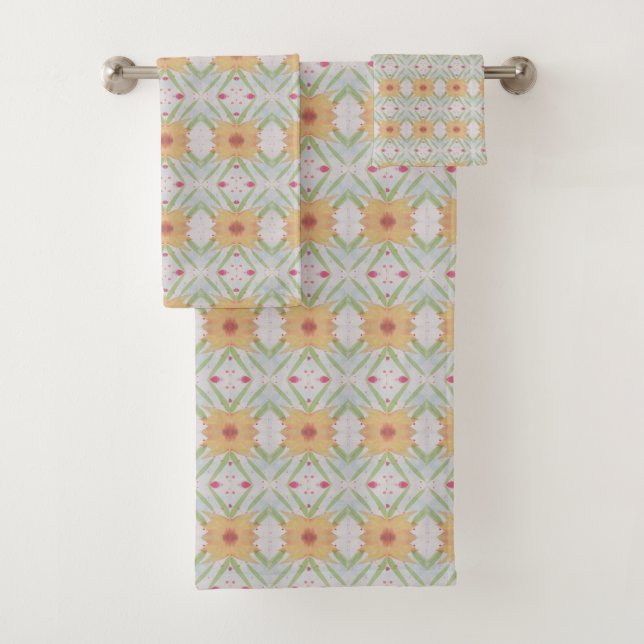 Apricot Bath Towel Set With Pink and Greens (Insitu)