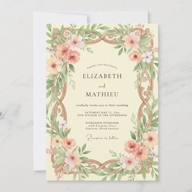 Apricot Bronze Ranunculus Eucalyptus Wedding Invitation (Front)
