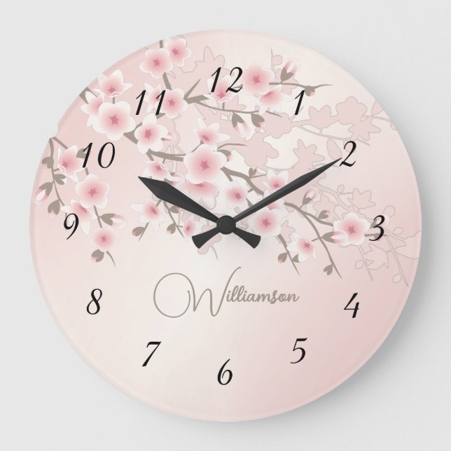 Apricot Cherry Blossom Monogram Large Clock (Front)
