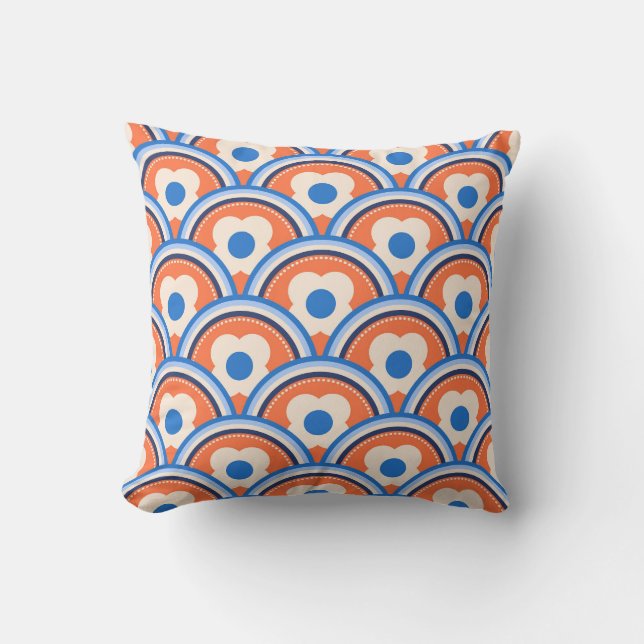 Apricot Crush, Blue Retro Waves and Flowers Throw Pillow (Front)