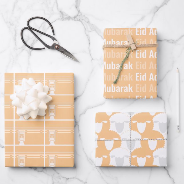 Apricot Eid Adha Mubarak Kaaba Sheep Wrapping Paper Sheet (Front)
