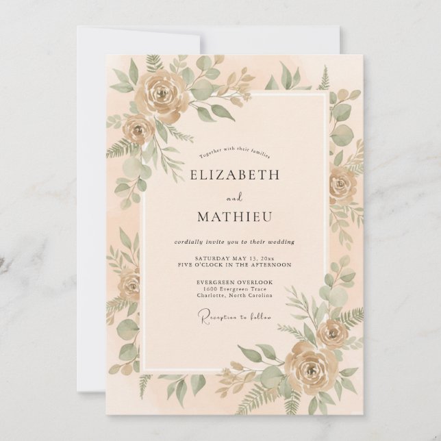 Apricot Eucalyptus Leaf Wedding Invitation (Front)