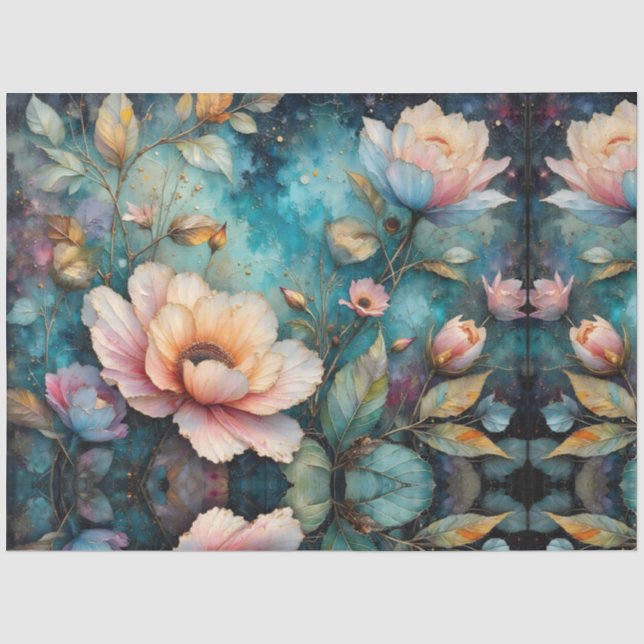 Apricot Floral Tapestry on Teal Tissue Paper (Front)
