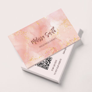 Apricot Ink Watercolor Gold Agate Scan QR Code Business Card