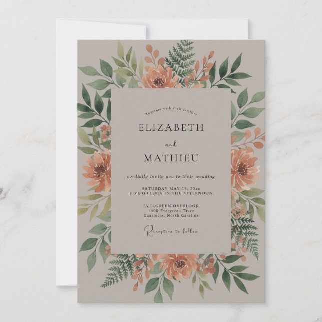 Apricot Leaf Wreath Wedding Invitation (Front)