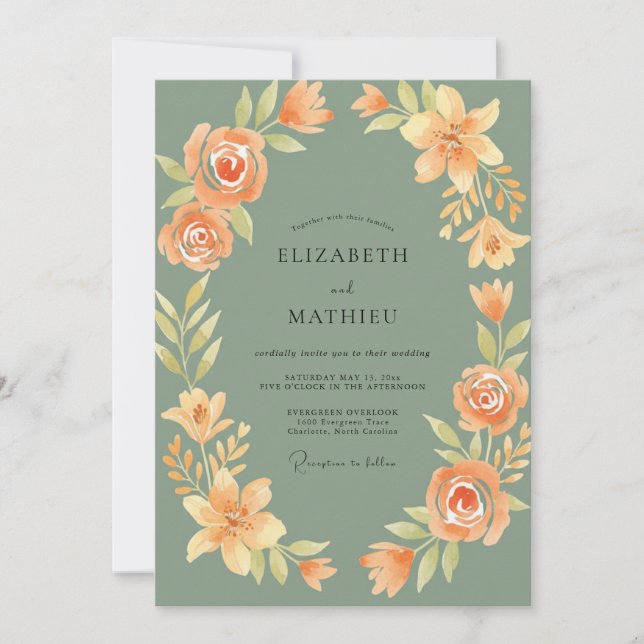 Apricot Moss Wreath Wedding Invitation (Front)