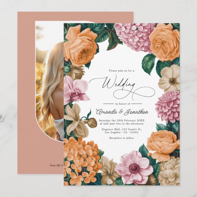 Apricot Nectar, Peony Pink & Warm Sand Wedding Invitation (Front/Back)