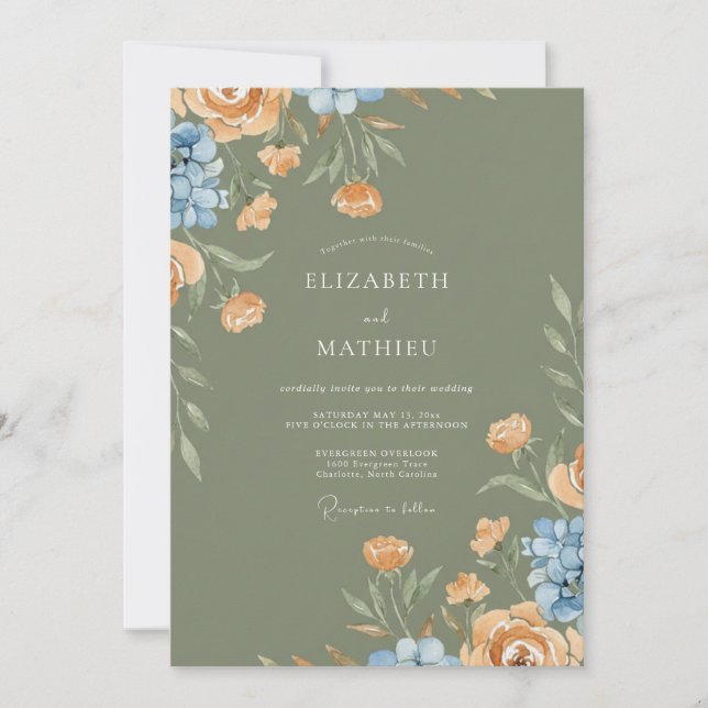 Apricot Olive Ranunculus Eucalyptus Wedding Invitation (Front)