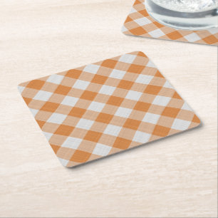 Apricot Orange Country Cottage Gingham Stripes Square Paper Coaster