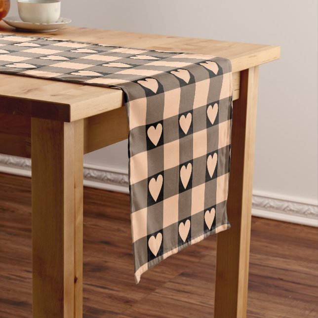 Apricot Peach Black Buffalo Heart Table Runner (In Situ)