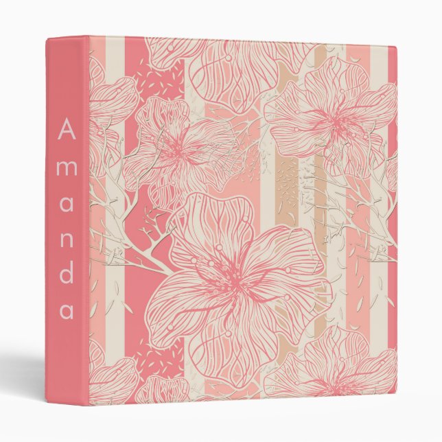 Apricot peach pink floral striped pattern binder (Front/Spine)