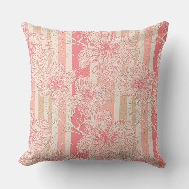 Apricot peach pink floral striped pattern throw pillow (Front)