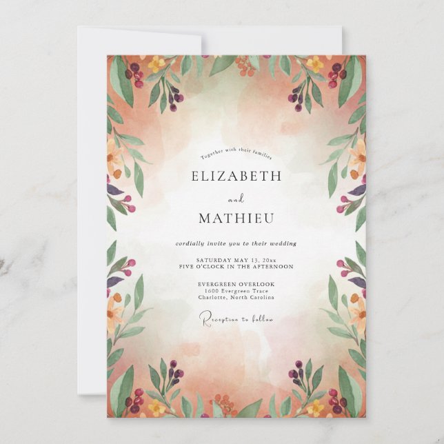 Apricot Plum Foliage Eucalyptus Wedding Invitation (Front)
