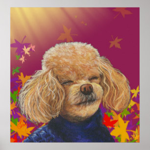Apricot Poodle & Fall Leaves Poster Print