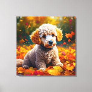 Apricot Poodle Puppy in Fall Leaves Canvas Print