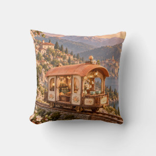 Apricot Railway Tea Car Alpine Lake Village Throw Pillow