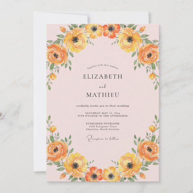 Apricot Ranunculus Wreath Wedding Invitation (Front)