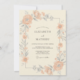 Apricot Silver Peony Wedding Invitation