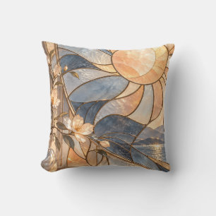 Apricot Sun Stained Glass Floral Coastal Light Throw Pillow