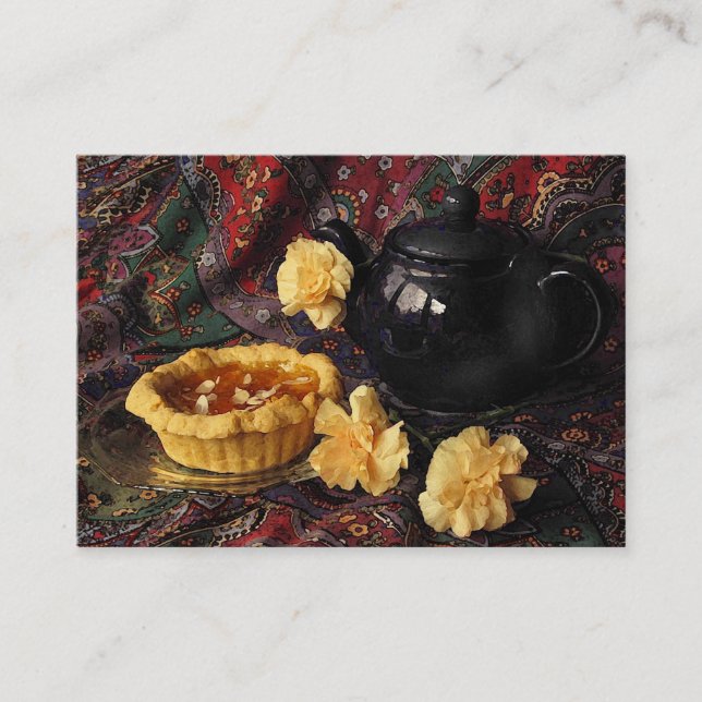 Apricot Tart with Teapot and Carnations ATC Business Card (Front)