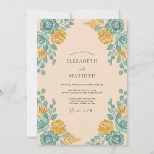 Apricot Teal Rose Arch Wedding Invitation