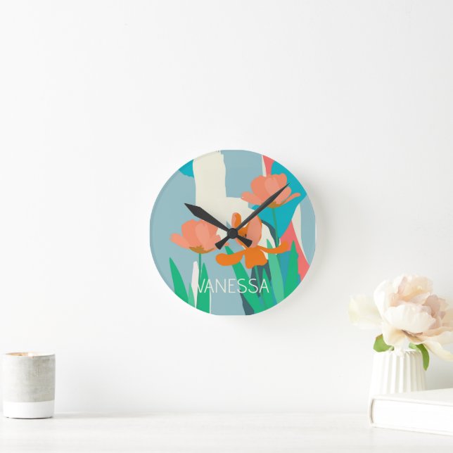 Apricot Tulips Artistic Modern Colour Blocks Custo Round Clock (Home)