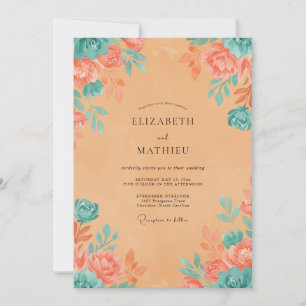 Apricot Turquoise Painted Wedding Invitation