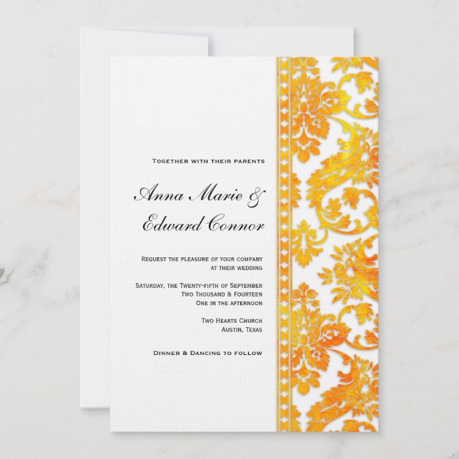 Apricot Vintage Damask Lace Wedding Invitation (Front)