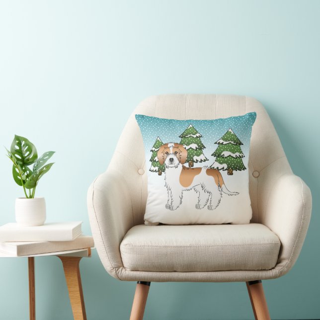 Apricot & White Mini Goldendoodle Winter Forest Throw Pillow (Chair)