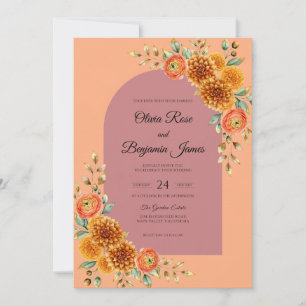 Apricot Zinnia Terracotta Grey Eucalyptus Wedding Invitation