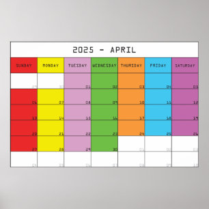 April 2025 colour days calendar planer poster
