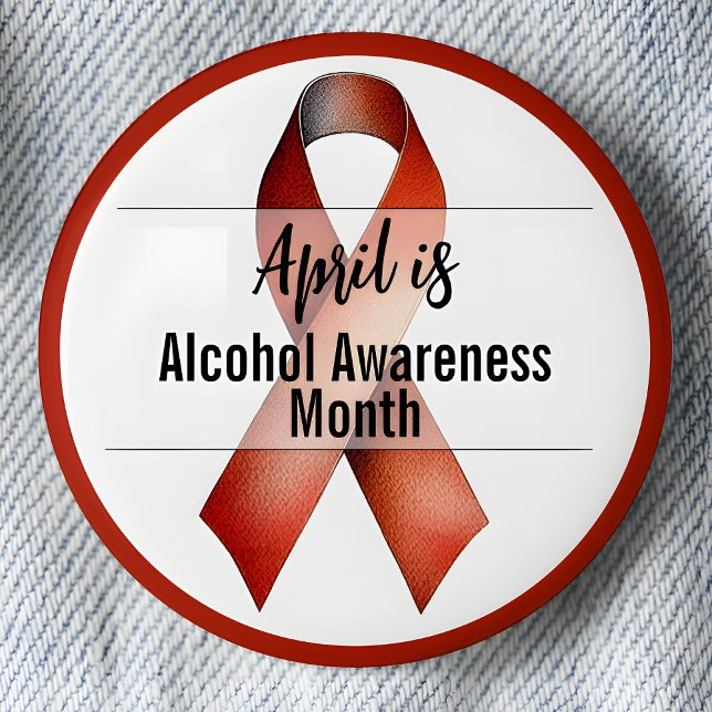 April Alcohol Awareness Month Ribbon 2 Inch Round Button (April is Alcohol Awareness Month pinback button.  Red Awareness Ribbon.)