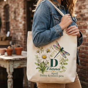 April Birth Flower Daisy Monogram Dragonfly Tote B Bag