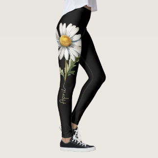 April Birth Flower, White Daisy on Black Leggings