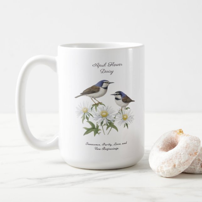 April Birth Month Flower Daisy Cherished Birthday Coffee Mug (With Donut)