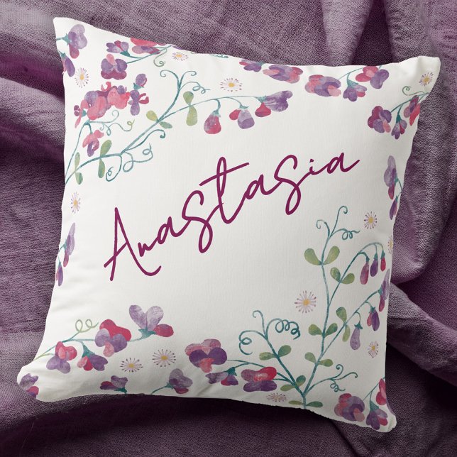 April Birth Month Sweet Pea Daisy Personalized Throw Pillow (April birthday birth month flower personalized custom name watercolor sweet pea daisy throw pillow)