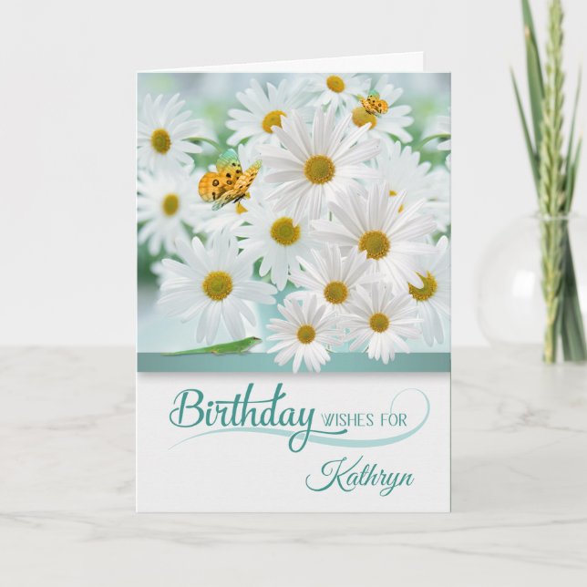 April Birthday Daisies with Butterflies with Name Card (Front)