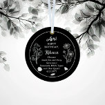 April Daisy and SweetPea Birthday Keepsake Metal Ornament<br><div class="desc">April actually has two flowers in celebration of birthdays for this month: daisies and sweetpeas. This design features both The gemstone for April is the diamond, but white topaz and clear quartz are also included. This design features all details in white on a black background. We have paired it with...</div>
